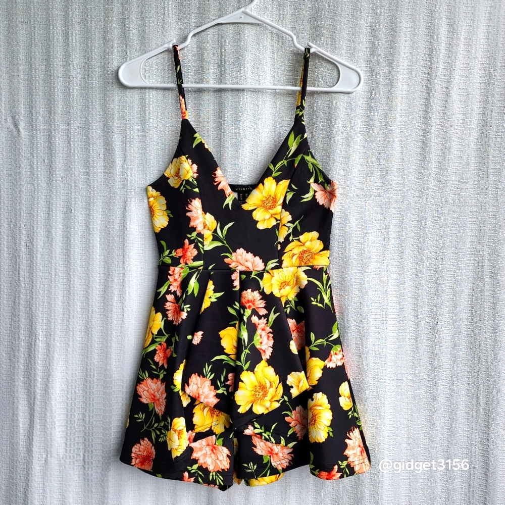 EUC  FLORAL SPEGHETTI STRAP ROMPER WITH FLARE OVERSKIRT BY REVAMPED - SIZE XS